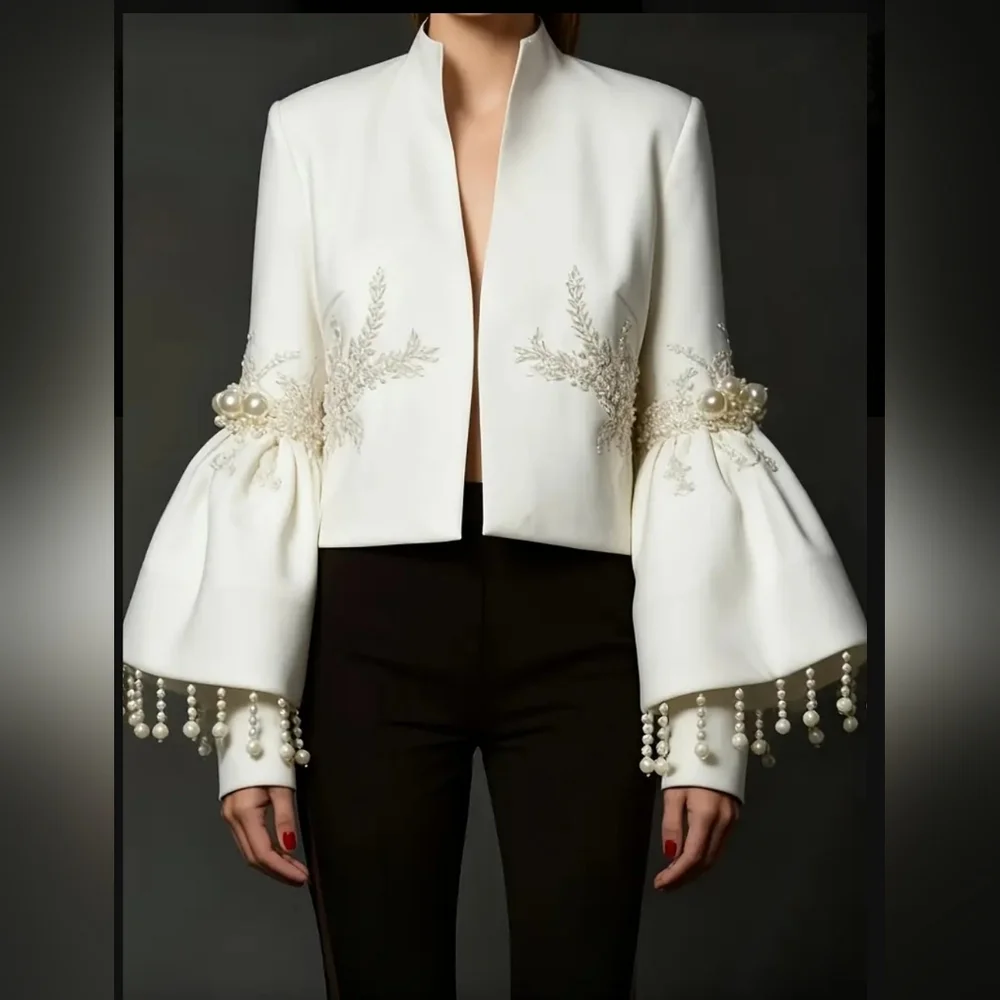Elegant White Jacket with Pearl Embellishments - Picture 4 of 7
